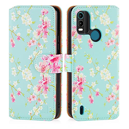 32nd Floral Series 3.0 - Funda Tipo Libro de Piel Sintetica con diseño Floral para Nokia C21 Plus, Carcasa de Cuero diseñada con Cartera y Cierre Magnetico - Primavera Azul