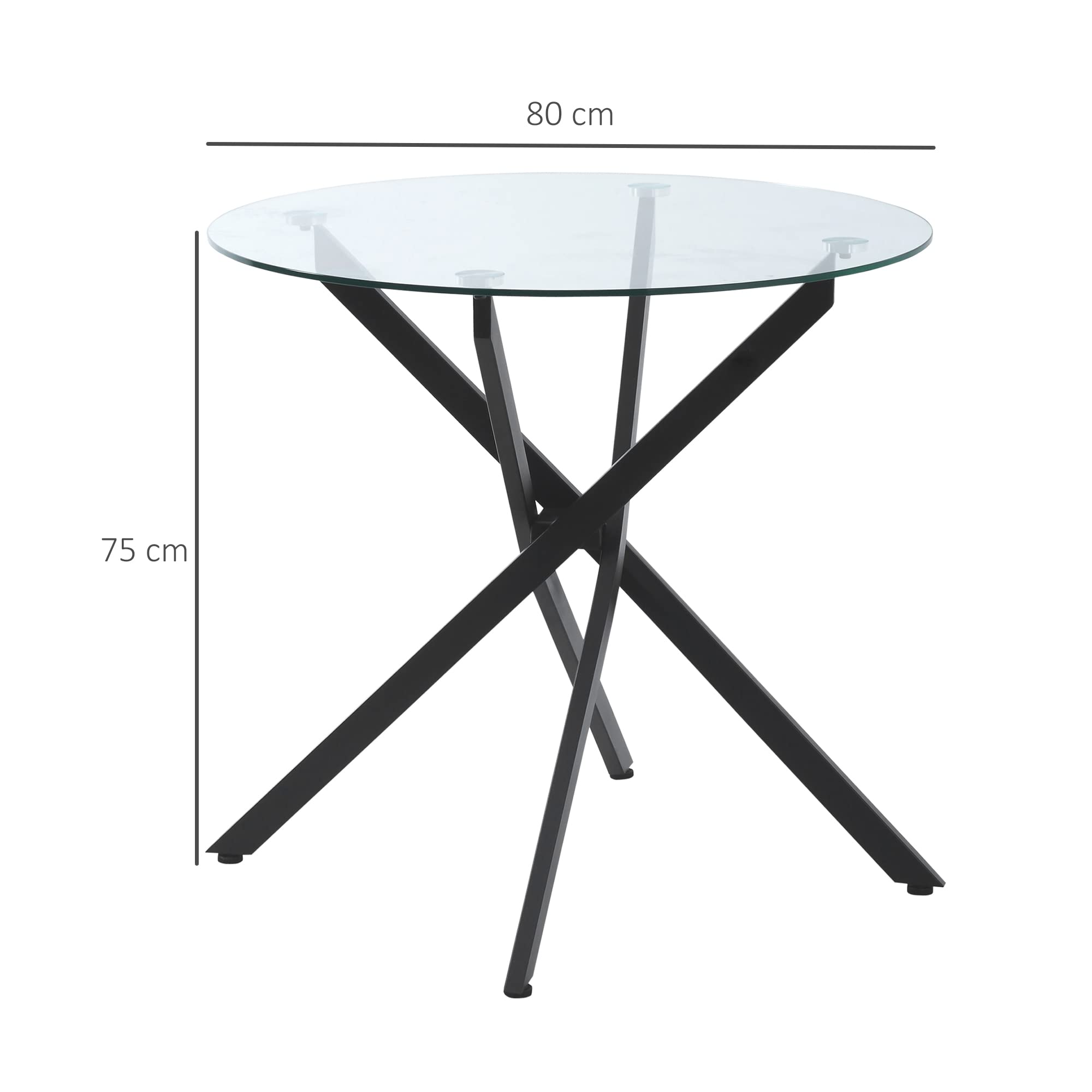 HOMCOM Mesa de Comedor Redonda con Cristal Templado Ø80x75 cm Negro | Encimera Transparente, Patas Cruzadas de Metal, Mesa de Centro Moderna, para Salón