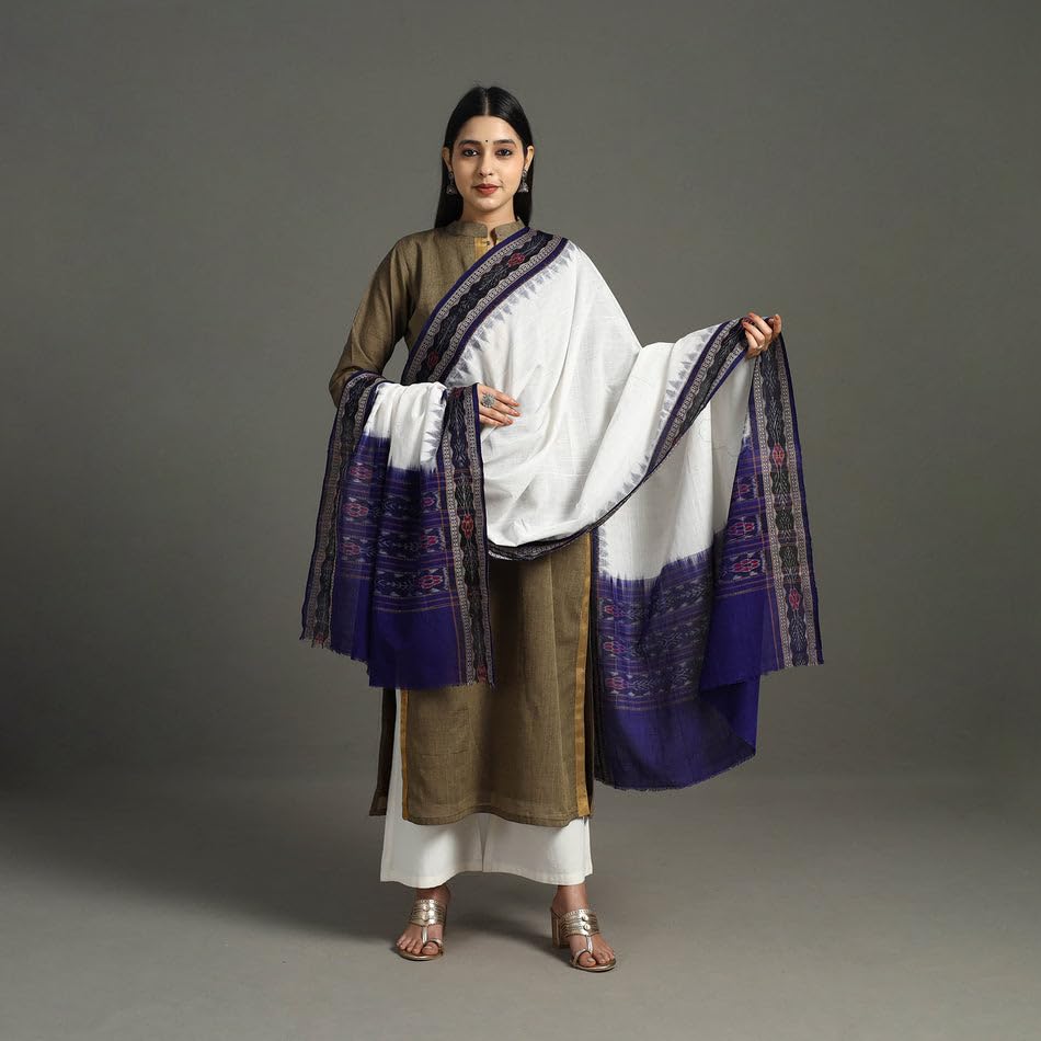 Image of Cotton Dupatta with weaving and Ikat woven border from the Weavers Stole for Girls & Women