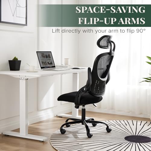Image of Ergonomic Office Chair, Comfy Desk Chair with Wheels, Adjustable Headrests, Flip-Up Armrests, Breathable Mesh High-Back, Comfortable Swivel Seating for Home Computer, Black