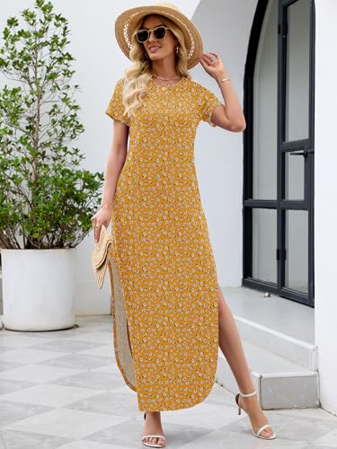 Image of Heymoments Womens Summer Maxi Dress Short Sleeve Casual Loose Long T Shirt Split Vacation Beach Sundress with Pockets