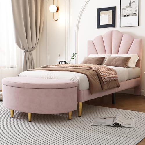 REXO Cama tapizada de terciopelo, 90 x 200 cm, cama tipo concha con patas de hierro doradas, cabecero de altura regulable, somier de listones de madera, banco tapizado con espacio de almacenamiento