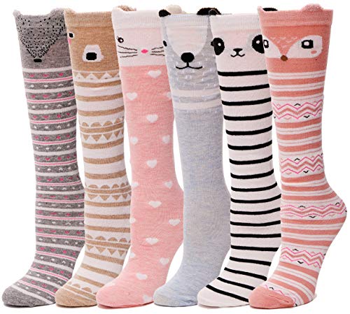 Image of MOGGEI 6 Pairs Kids Girls Knee High Socks Gift Long Crazy Silly Tall Funny Boot Cute Animal Child Fun Socks
