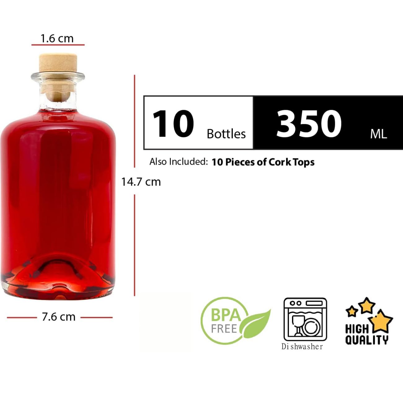 10 bottiglie vuote di vetro da 350 ml, flaconi da farmacista con tappo di sughero, per vino, liquore, aceto e olio, da riempire, 0,35 l