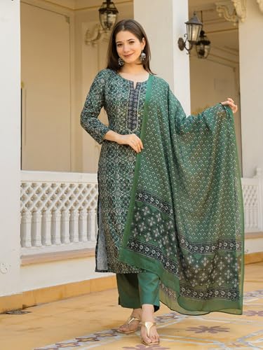 Image of Vaamsi Women's Rayon Blend Ethnic Motifs Straight Printed Kurta Pant With Dupatta Set | Kurta Sets For Woman