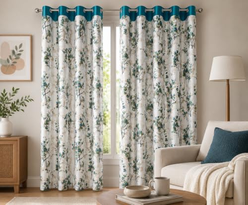 Image of Floral Printed Long Door Curtains for Living Room & Bedroom, Premium Polyester Eyelet Door Parde, Light Filtering & Privacy Curtains for Home, 9 Feet Long, Aqua Blue & White, Set of 3