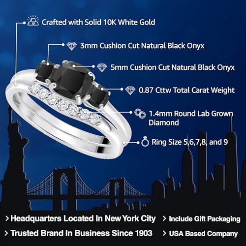 Gem Stone King 10K White Gold Black Onyx and Lab Grown Diamond 3 Stone Bridal Engagement Wedding Ring Set For Women 0.87 Cttw, 5MM and 3MM Cushion Cut, Available In Size 5, 6, 7, 8, 92