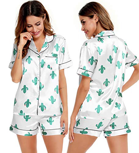 Image of SWOMOG Womens Silk Satin Pajamas Set Short Sleeve Sleepwear Button Down Top and Shorts Loungewear 2 Piece Pjs Set XS-3XL(Cactus White, XX-Large)