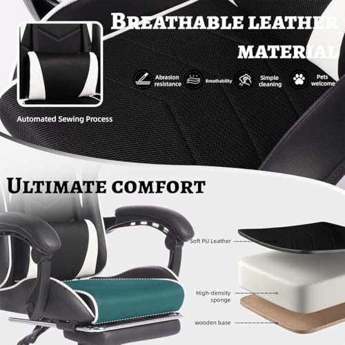 Image of Gaming Desk Chair for Adults, Ergonomic Gaming Chair with Footrest & Headrest and Lumbar Support, Leather Material Height Adjustable Computer Video Game Chairs (White Upgrade)
