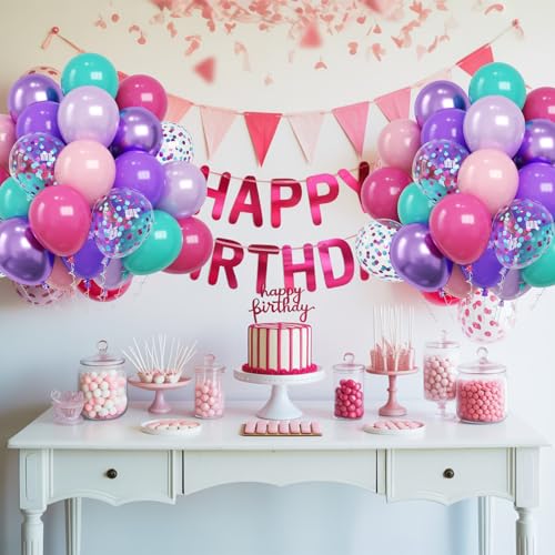 Image of Pink Purple Blue Balloons, 60PCS Hot Pink Balloons, 12 Inch Confetti Balloon Pastel Pink Teal Blue Metallic Purple Party Balloon for Girls Women Baby Shower Princess Wedding Birthday Party Decoration