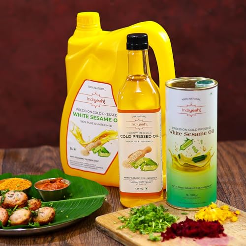 Image of Indiyeah Cold Pressed White Sesame Oil - 100% Pure and Unrefined, Naturally Cholesterol-Free | Enriched with Vitamin E and K | Rich Aroma & Flavor of Real Sesame Seeds | No Foaming | Ideal for Daily Cooking and Multipurpose Usage | A1 Grade Sesame Seeds | Cold pressed Gingerly Oil | Til Ka Tel |Purity in Every Drop | Heart-Healthy Cooking Oil | (2L PET, 1, count)