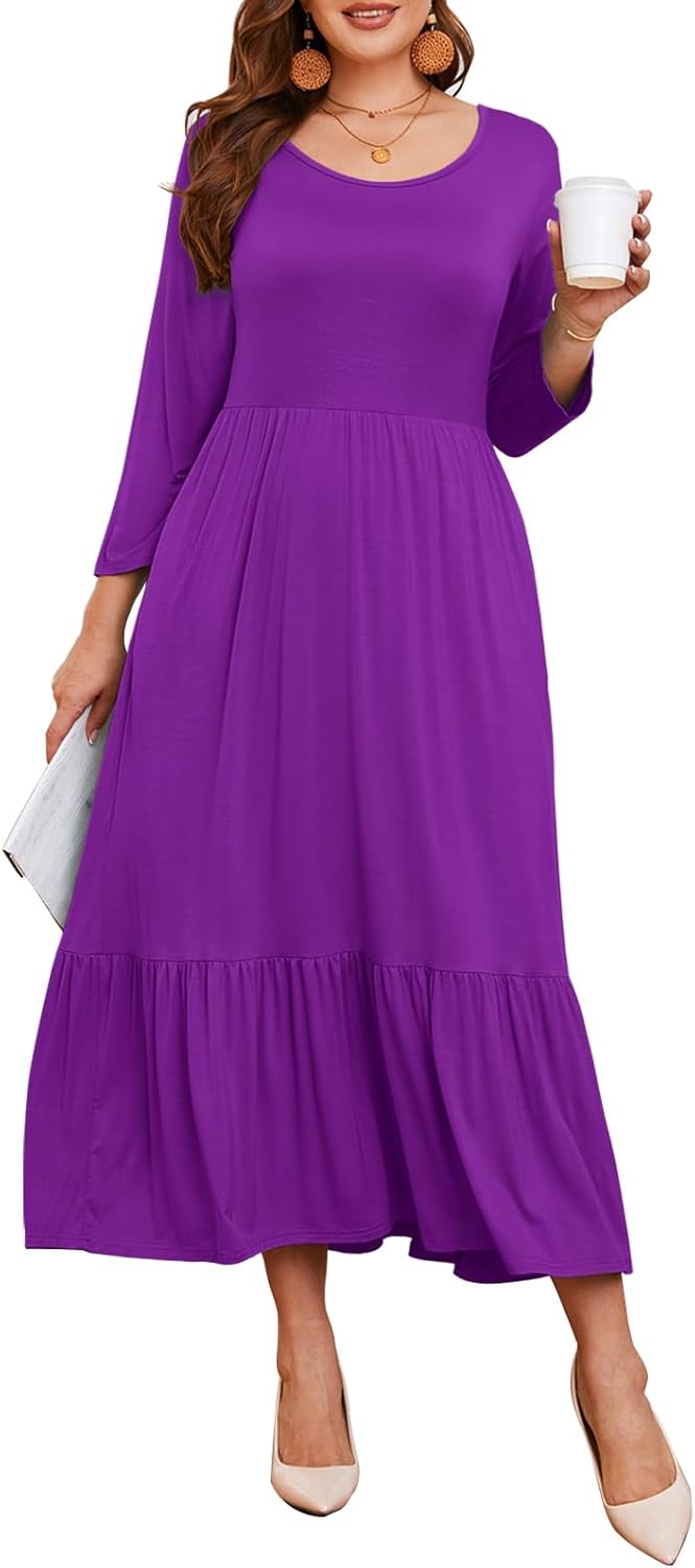 LARACE 3/4 Sleeve Dresses for Women Plus Size Casual Long Maxi Fall Winter Dress with Pockets