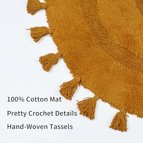 Image of Half Circle Boho Bathroom Rugs with Tassels 100% Cotton Hand-Woven Bath Mat Non Slip Absorbent Bath Rugs with Rug Pad Washable Boho Bath Mat Carpet for Tub, Shower 20 inchx32 inch,Mustard