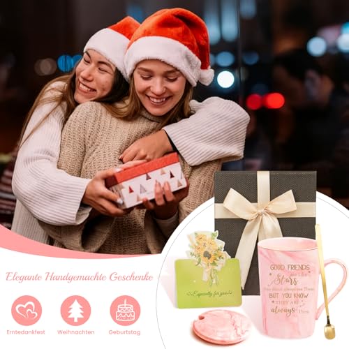 Best Friend Birthday Gifts for Women – Friendship Present for Women, BFF Gift Idea for Female Besties | 400ml Pink Marble Ceramic Gold Print Coffee Mug with Spoon, Lid, Card & Gift Box