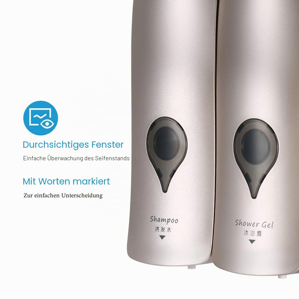 Decdeal 2-Fach Seifenspender Wandbefestigung ohne Bohren 2 x 300ml Hygienespender Shampoospender Flüssigseifenspender für Duschgel Shampoo Seife
