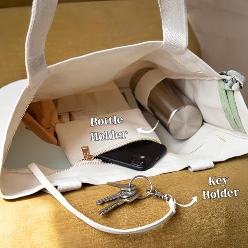 Image of Artsy Canvas Tote Bag for Women | Zipper Closure, Bottle Holder & Keychain Hook | Premium Cotton Canvas Bag for Travel, College, Office | Reusable Shopping Tote Bag Gift