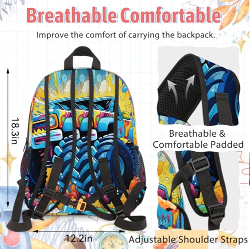 Custom Monster Truck Backpack Lunch Box Bag with Name, Personalized Shoulder 18 Inch Backpack with Adjustable Straps for Women men Cars Monster4