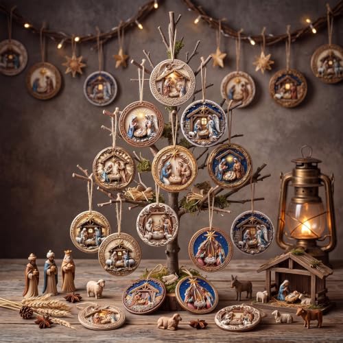 Image of Vercraft 24 Pcs Nativity Scene Ornaments for Christmas Tree Wooden Religious Xmas 3D Decorations Christian Manger Scene Hanging Ornaments Gifts for Christian Christmas Yard Garden Outdoor Home Decor