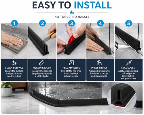 Image of Cosyeasy 1 Meter Collapsible Shower Threshold Water Dam, Self-Adhesive Silicone Water Barrier Strip, Water Stopper for Bathroom Floor, Wet & Dry Separation, Waterproof Shower Threshold, Black