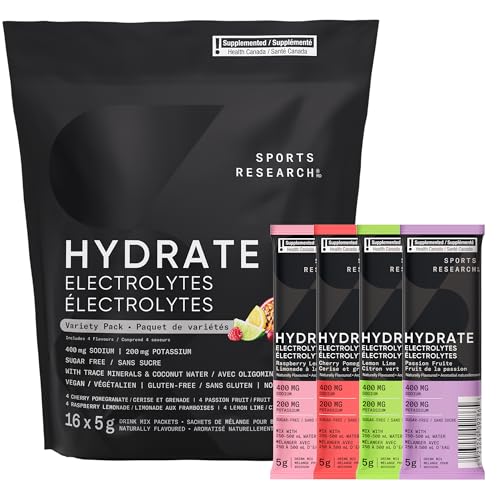 Sports Research Hydrate Electrolytes Powder Packets - Sugar-Free & Naturally Flavored with Vitamins, Minerals, and Coconut Water - Supports Hydration - 16 Packets - Variety Pack