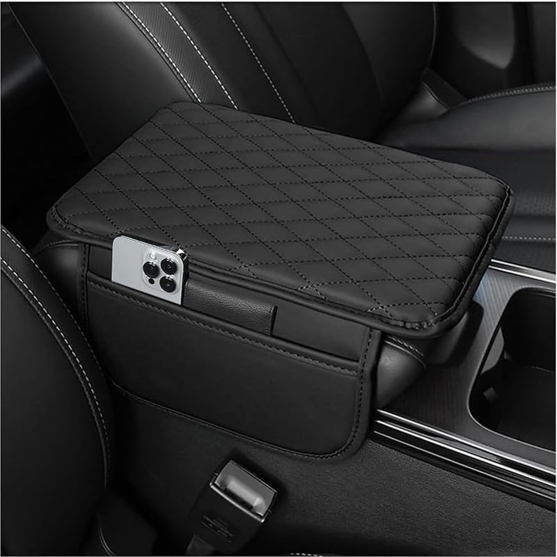 MM Car Center Console Cover, Leather Vehicle Arm Rest Cushion Mat with Storage Pocket For Chevrolet Optra Color 7D Black