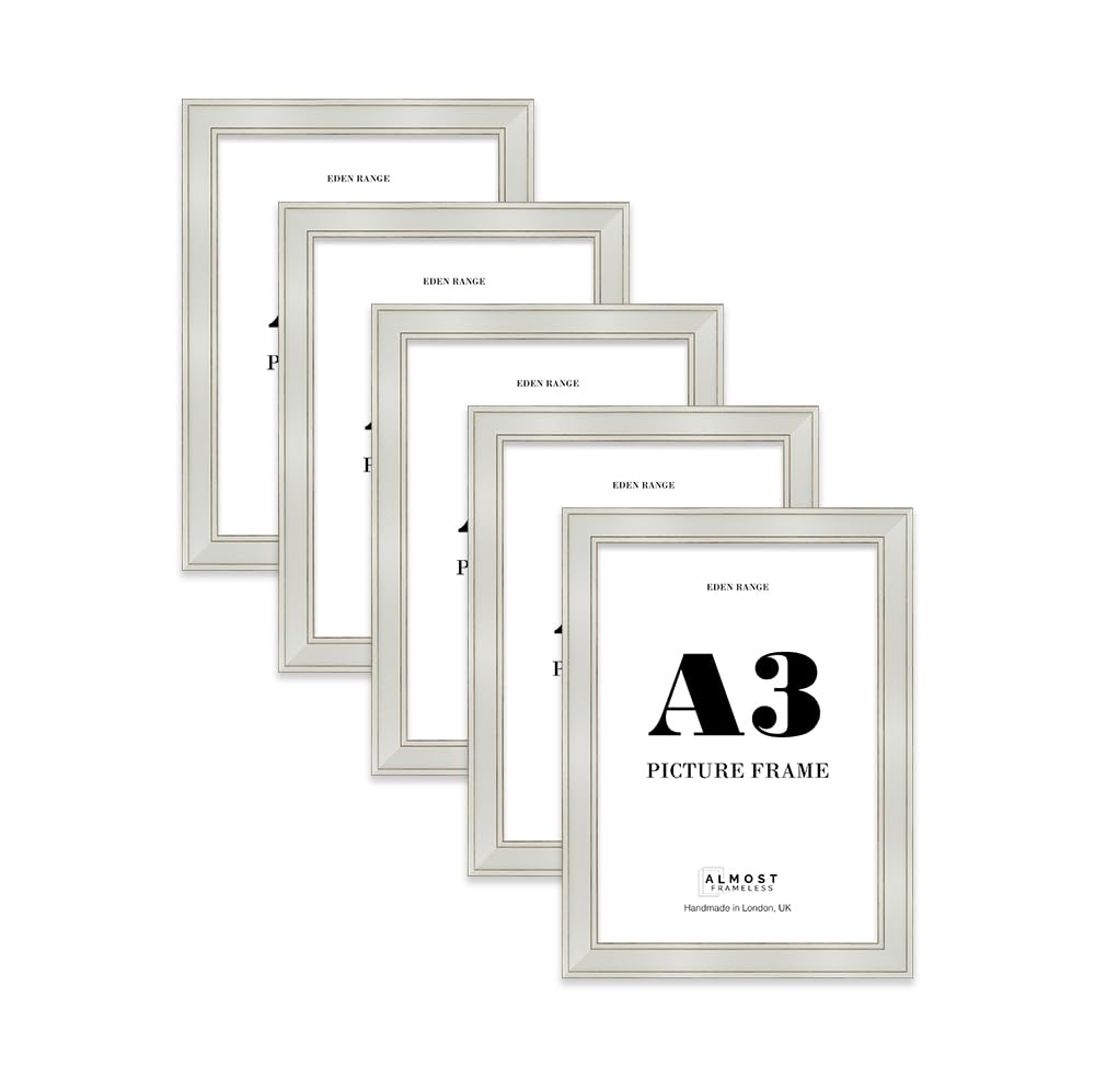 A3 Light Grey Picture Frame - Shabby Chic Photo Frame with Distressed Finish, Gold Trim, Wall Hooks, 37mm Edge - 5 Pack