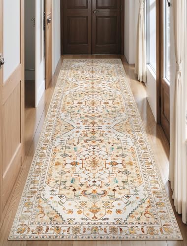SERISSA Boho Washable Runner Rug, 2'6"x10' Rug Runner Non-Slip Vintage Light Yellow Hallway Kitchen Runner Rug Ultra Soft Print Distressed Floor Carpet Runner for Bedroom Bathroom Laundry Room