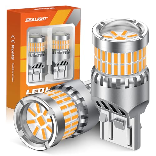 SEALIGHT 7440 7443 LED Bulbs Amber Yellow, Upgraded T20 7444 7443NA 7441 W21W 992 LED 56-SMD with Projector Lens, Need Extra Load Resistor for Front Rear Turn Signal Lights, Pack of 2