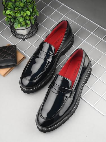 Image of San Frissco Men's Glossy Shine Loafers - Slip‑On Formal Shoes with Buckle, Anti‑Slippery Wrinkle‑Free Leatheratte Upper, Durable Lightweight Design, Comfortable Cushioned Footbed