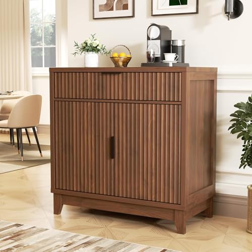 Vabches Fluted Sideboard Buffet Cabinet with Storage 32 Coffee Bar Console Table with Drawer Fluted Doors & Adjustable Shelf Wood Small Buffet Cabinet for Living Room Kitchen Dining Room Brown