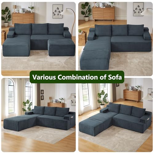 Image of 96.1 inch Modular Sectional Sofa with Ottoman, Modern Corduroy Cloud Couch, Boneless Couch Upholstered 3-Seater U-Shaped Sofa for Living Room, No Assembly (Dark Grey, Right-Facing Chaise)