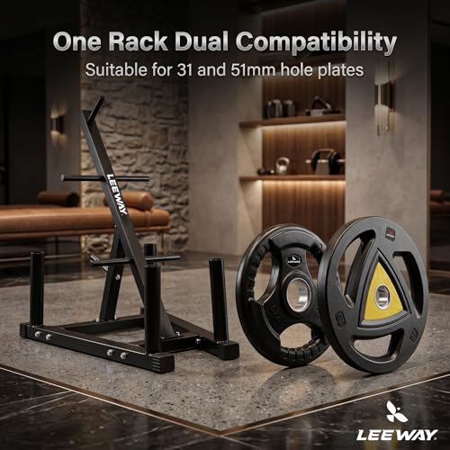Image of LEEWAY Olympic Weight Plate Rack with Barbell Holders | Heavy Duty Gym Plate Storage Stand | 2-Inch & 1-Inch Plate Tree Stand Organizer for Home Gym | Compact Space Saving Equipment Rack (Weight Plate Rack)
