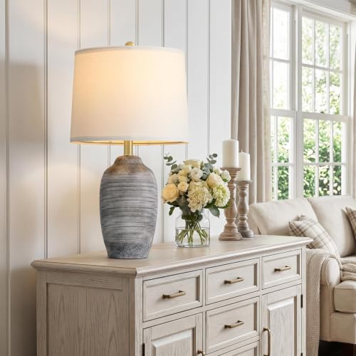 Image of 24.5 inch Vintage Ceramic Table Lamp Single-Rustic Boho Accent Nightstand Lamps for Bedroom, Living Room, Entryway-Small Textured Bedside Lamps, Modern Farmhouse Table Lamps for Home Decor Gray