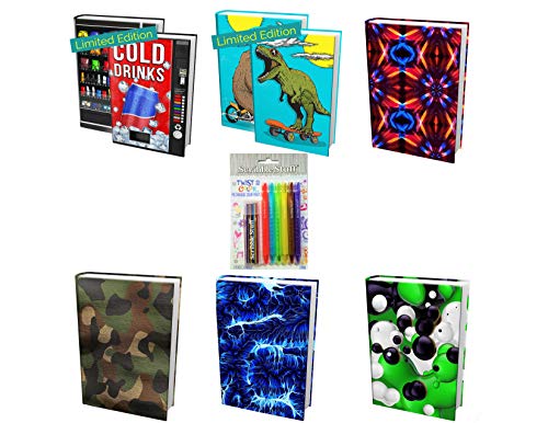 Book Sox - 6 Jumbo Prints Stretchable Book Covers with 2 Limited Editions Dinosaurs and Vending Machine with Bonus Package of Mechanical Color Pencils