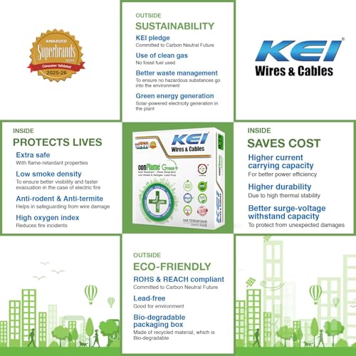Image of KEI CONFLAME GREEN PLUS 0.75 sqmm 1 Core, 99.97% Pure Copper Conductor,FRLSH - Lead Less Insulation House Wire Suitable for Domestic & Industrial Electrical Wiring (Green,180 Meters)