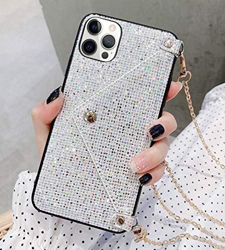 Omorro for iPhone 12 Pro Max Wallet Case, Bling Diamond Case with Credit Card Holder Slot Crossbody Chain Handbag Purse Glitter Crystal Shiny Rhinestone Protective Cover Girly Case White