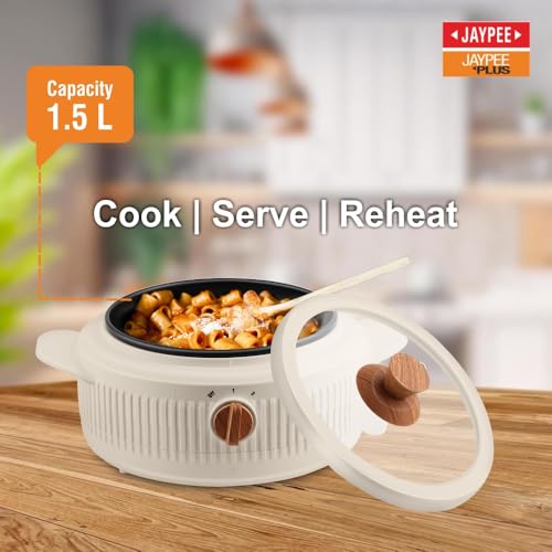 Image of Jaypee Plus Electric CookSmart Casserole with Teflon NonStick Coating Bowl for Reheating & Cooking, Serving Casserole Wooden Finish Lid & Regulator Knob Toughened Glass Lid, 1500 ml, Ivory