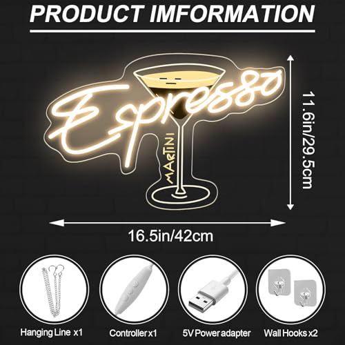 Image of Espresso Martini Neon Sign, Cocktail Club Tini Time LED Light | Martini Lover Gift USB Powered Dimmable Retro Espresso Neon Light, Retro Alcohol Gift, Bar Pub Home Decor 16.5 inchx11.6 inch