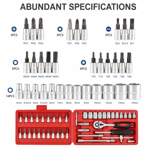 Image of 46 Pcs Tool Kit with Ratchet Wrench & 1 /4 Inch Drive Socket Set | Screwdriver Bit Set, Metric Socket, Extension Bar, Spanner & Goti Pana Tool Kit for Car, Bike, Home, Garage & DIY Repair