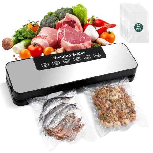 Focenat Envasadora al vacío,Embasadoras vacio alimentos,Vacuum sealer,Sellado de un solo toque,con 20 bolsas de vacío,con Potente Succión 65 Kpa y 4 Modos,para secos y húmedos