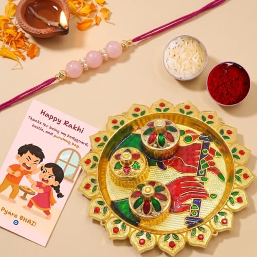 Image of Pink Beaded Rakhi for Brother with Greeting Card, Roli Chawal | Premium Pearl Stone Designer Rakhi | Raksha Bandhan Gift for Brother