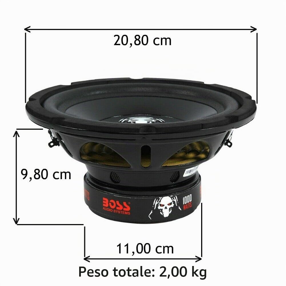 KIT SET PER BOSS AUDIO SYSTEMS P80DVC 1 subwoofer da 20 cm 200 mm 8", doppia bobina 4+4 ohm, 500 watt rms 1000 watt max, 88 db sp,l per cofano, bagagliaio, auto, 1 pezzo