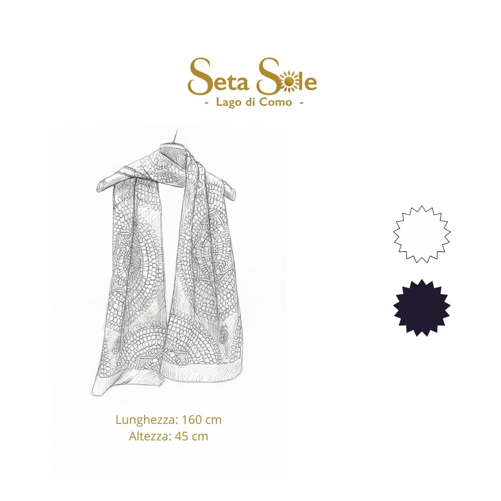 Écharpe en 100 % soie fabriquée en Italie 45 x 160 cm – Mandala conçu à la main – Foulard élégant femme, accessoire mode artisanal lac de Côme
