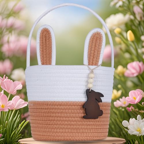 Image of Easter Basket, Empty Easter Baskets for Kids Boys Girls with Bunny Tag Egg Basket Eater Gifts Basket Toddler Teens Babys First Easter Basket with Handle Brown