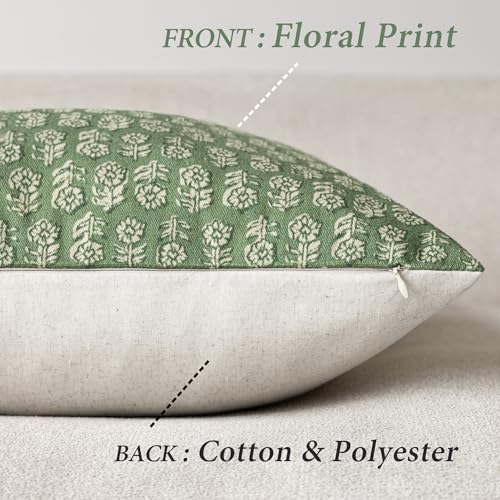 Image of Foindtower Set of 2 Decorative Neutral Floral Print Throw Pillow Covers Vintage Accent Farmhouse Cushion Covers Boho Home Decor For Sofa Couch Chair Bedroom Living Room Outdoor,22x22 Inch,Forest Green