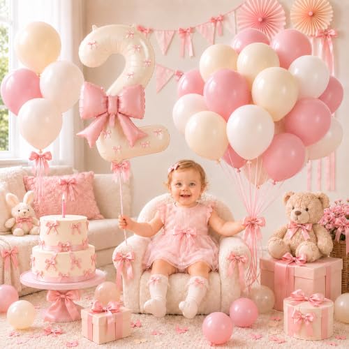 Image of 40 Inch Pink Beige Number 2 Balloon Tower with Bow 2nd Birthday Decorations