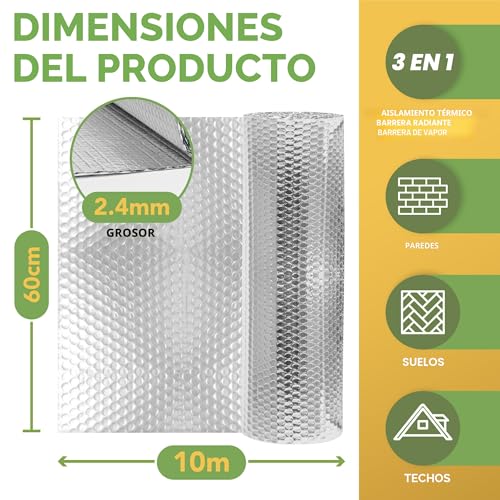 Miniatura 2 de Blostm Rollo De Panel Reflectante Radiador - 10m X 60cm Aislante Termico Radiadores 2,4mm De Espesor Aislante Termico Reflexivo Ahorra Energía Y Dinero Paneles Aislantes Termicos Suelo, Techo, Pared