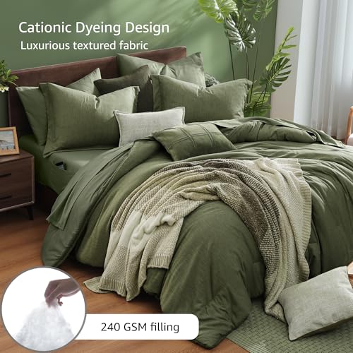 Monbix California King Comforter Set - 7 Pieces Cationic Dyeing Olive Green Bed in a Bag Cal King Bedding Sets with Comforter, Sheets, Pillowcases & Shams, Reversible Bedding Comforters Sets(108 * 92)