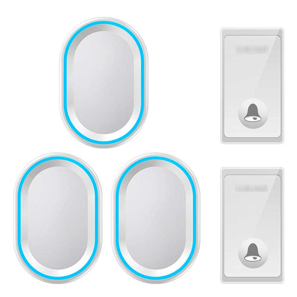 Sonnette sans fil, carillon de porte étanche IP44, 2 boutons poussoirs et 3 récepteurs enfichables avec lumière flash bleue, 4 niveaux de volume réglables, 58 mélodies, convient pour la maison(2