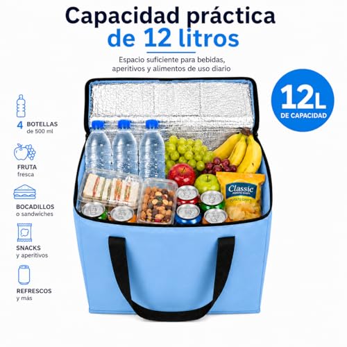 Bolsa Térmica Porta Alimentos 12 L - Bolsa Nevera Plegable con Aislamiento Térmico para Comida y Bebidas, Ideal para Playa, Picnic, Excursiones y Compras. — imagen 3